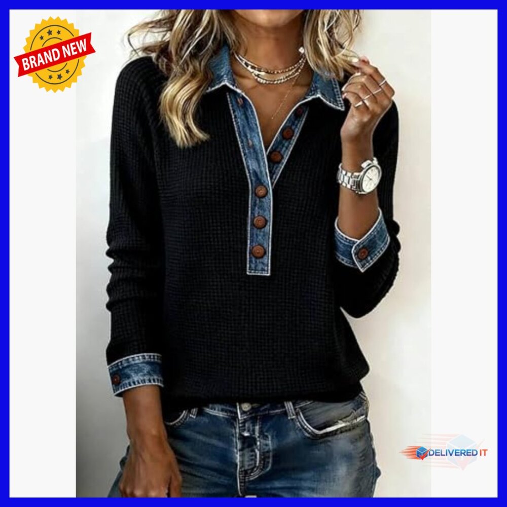 Denim Patchwork Tunic Top With Collar Buttons Loo… - image 2